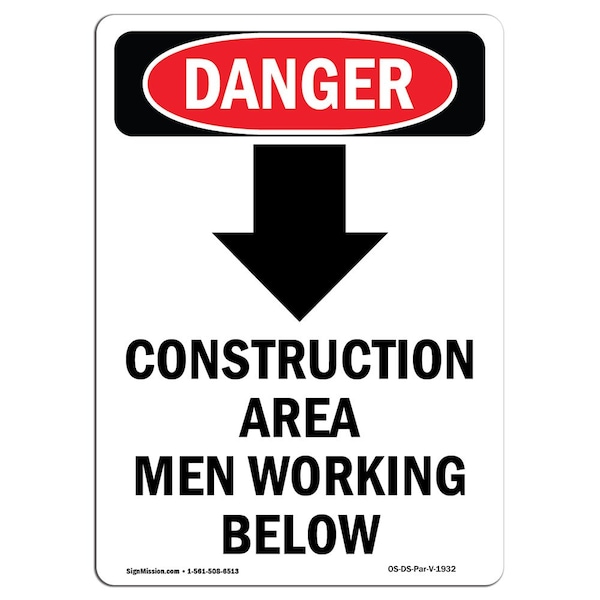 Safety Sign, OSHA Danger, 5" Height, Construction Area, Portrait, 10PK